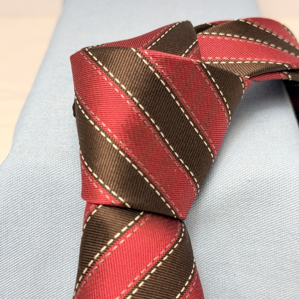 Hermes Vintage Red & Brown Striped 100% Silk Tie